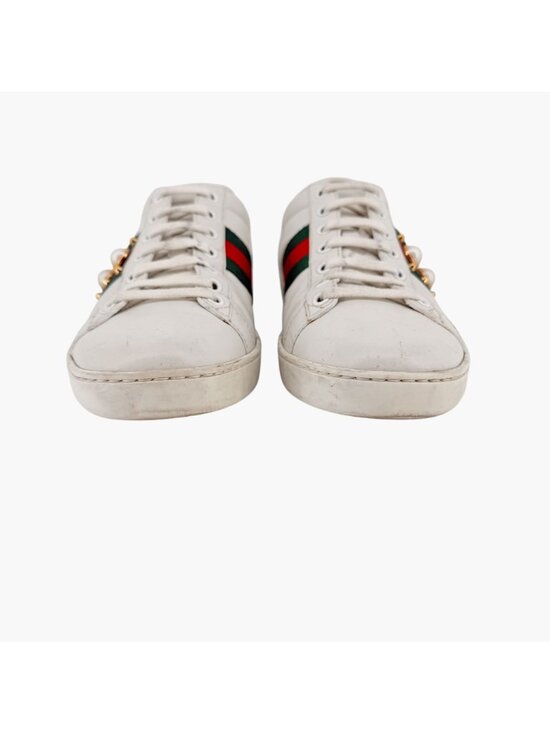 Gucci Pearl-Embellished Ace Sneakers White Leather Size 38.5 US 8.5 Women's - Picture 5 of 15